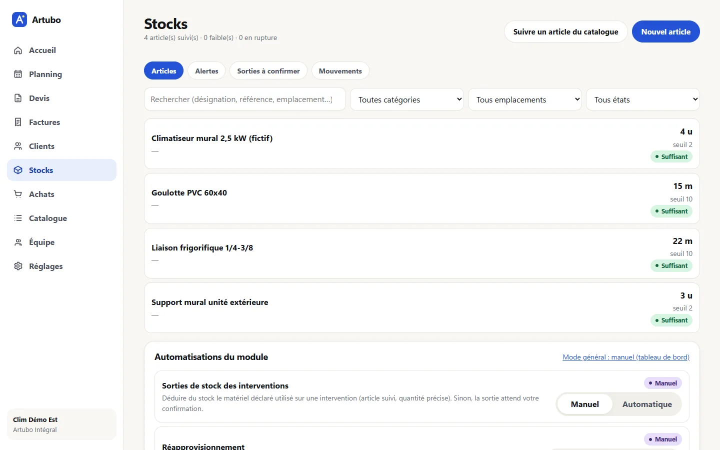 Liste des articles suivis en stock.