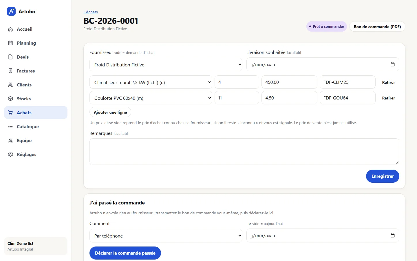 Bon de commande BC-2026-0001 préparé depuis les suggestions de réapprovisionnement, avec la référence et le prix du fournisseur.