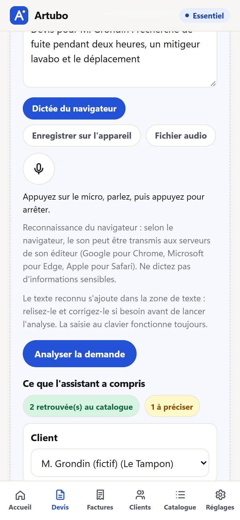 Assistant de devis sur téléphone, après l'analyse d'une phrase.