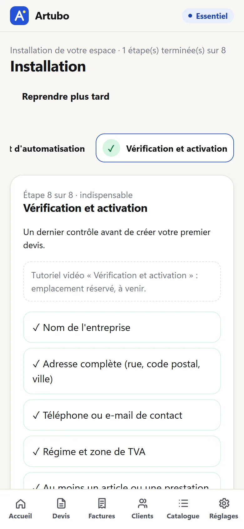 Installation sur téléphone : les huit étapes cochées et le message « Votre espace est activé ».