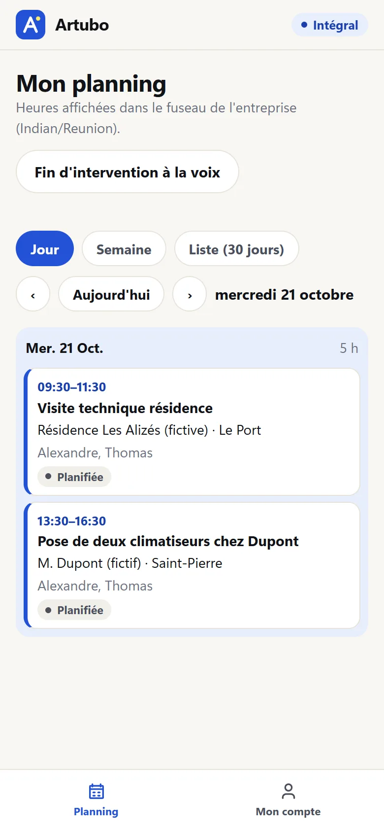 Planning vu par le technicien sur son téléphone.